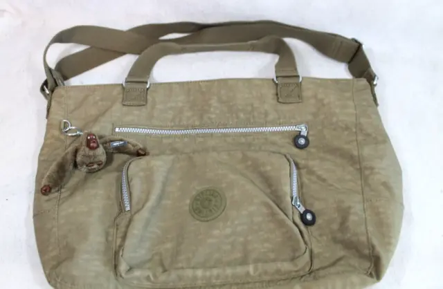 Kipling Large Messenger Crossbody Purse Shoulder Bag Olive Green Monkey Keychain