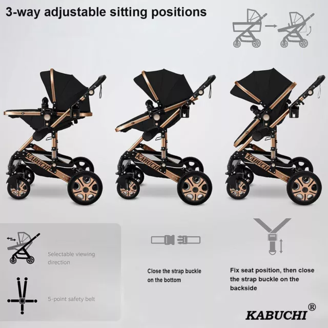 KABUCHI® Newborn Baby Pram Pushchair Buggy Stroller 3in1 Travel System Car Seat 2