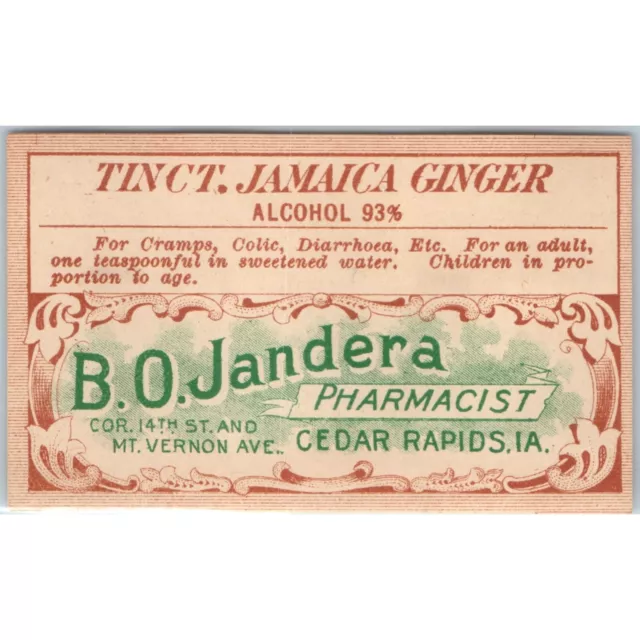 c1900s Cedar Rapids IA Pharmacy Paper Label Jamaica Ginger Jandera Drug Store C6