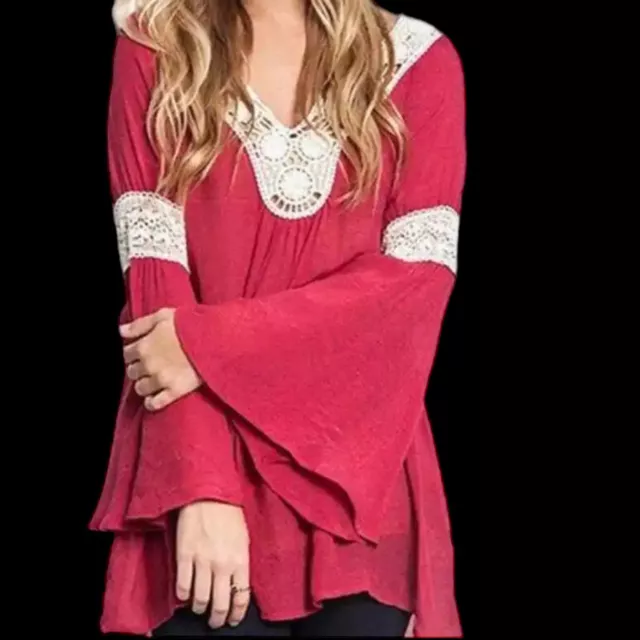 UMGEE Cranberry & White Lace Gauze FLOWY Bell Sleeve Tunic Top Sz 1XL