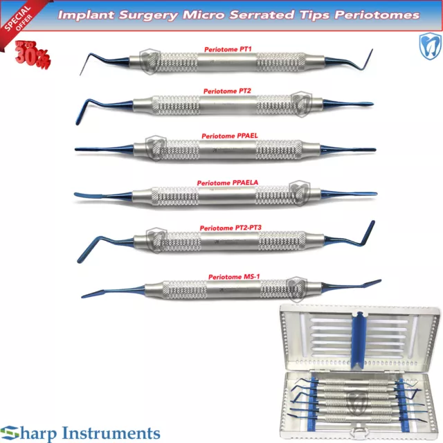 6Pcs Implant Periotomes Set Perio Ligament Dental Oral Surgery PDL Serrated+Tray