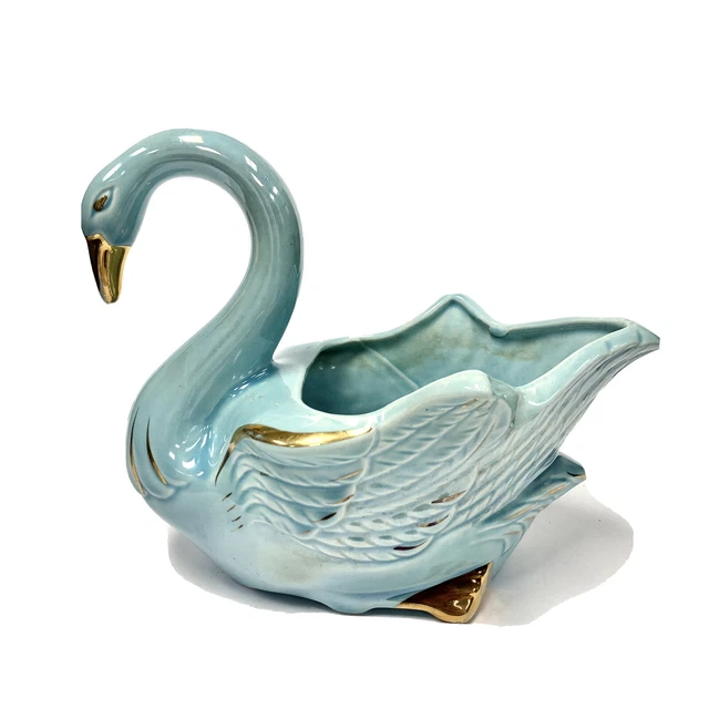 Vintage MCM Royal Copley Pottery Swan Planter Azure With Gold Accenting