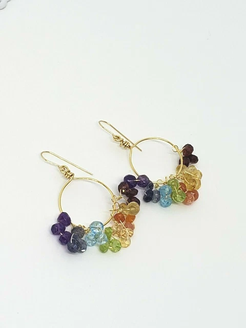14k Yellow Gold Fill Garnet Topaz Peridot Citrine Amethyst Hoop Cluster Earrings