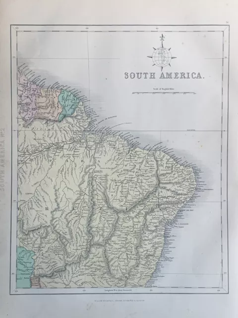 1871 North Brazil & Guiana Hand Coloured Original Antique Map by Joshua Archer