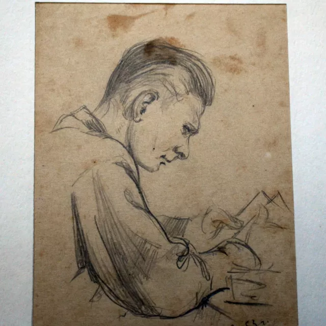 1953 YOUNG MAN READING Yuri Minaev Drawing Painting in Frame USSR Soviet Art