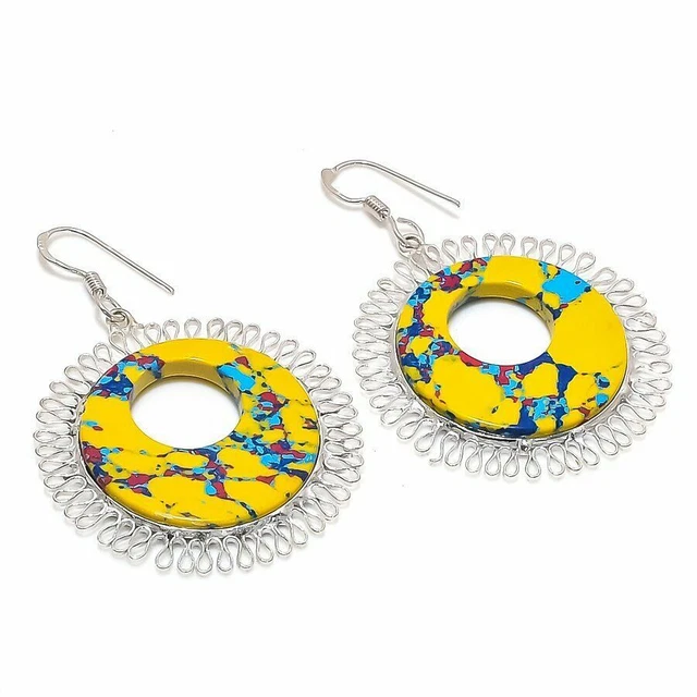 Mosaïque Jasper Gemstone Handmade Ethnic Jewelry Earring 2.44" PE-140