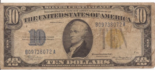 1934 A North Africa $10 Silver Certificate -Rare YELLOW SEAL FR# 1702