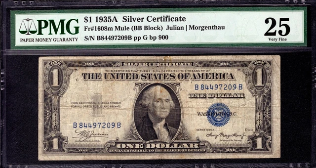 1935 A $1 SILVER CERTIFICATE NOTE SCARCE MULE BB BLOCK  FR.1608m PMG VF 25