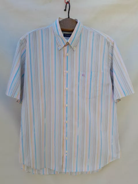 Burberry London Striped Shirt Men's Large Blue Pink Yellow Logo Made in Spain
