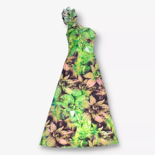 Y2K One Shoulder Patterned Maxi Dress Green Small