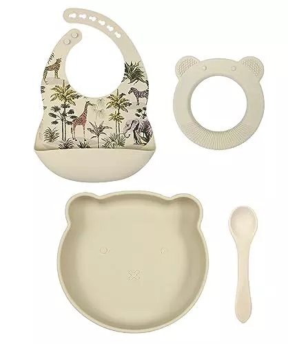 Juego de Vajilla de bebe de Silicona (Selva, Crema/Beige, Oso): Plato con