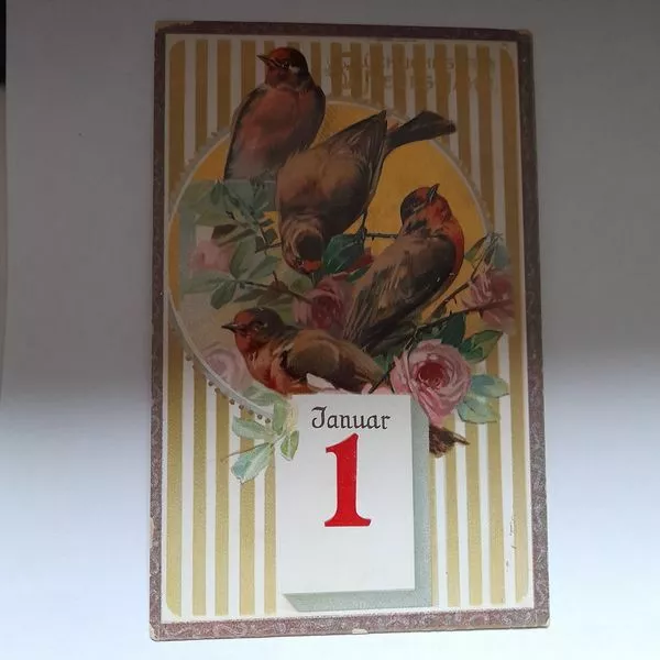hübsche Prägekarte Neujahr  Vögel und Rosen gel. 1910 Basel Bahnhof SBB (jetzt)