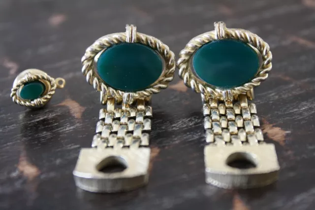 Vtg Gold Tone SWANK Green Stone Chain Mesh Wrap Cufflinks Tie Tack SET GUC
