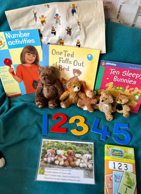 5 brown Teddy counting story sack, 3 books, counting cards, number, teacher EYFS