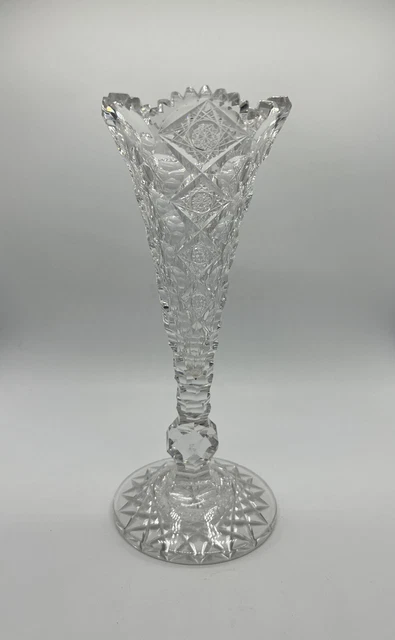 Antique American Brilliant Period Hawkes Queens Cut Glass Vase 10.25”
