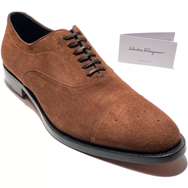 Ferragamo GOYA Suede Leather Cap Toe Brogue Oxford Mens Brown Dress Shoes Formal