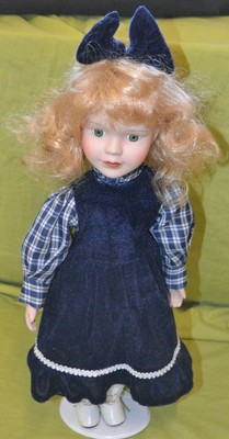 Doll 15" Porcelain Standing W/ Stand Blonde Hair Green Eye Blue Dress