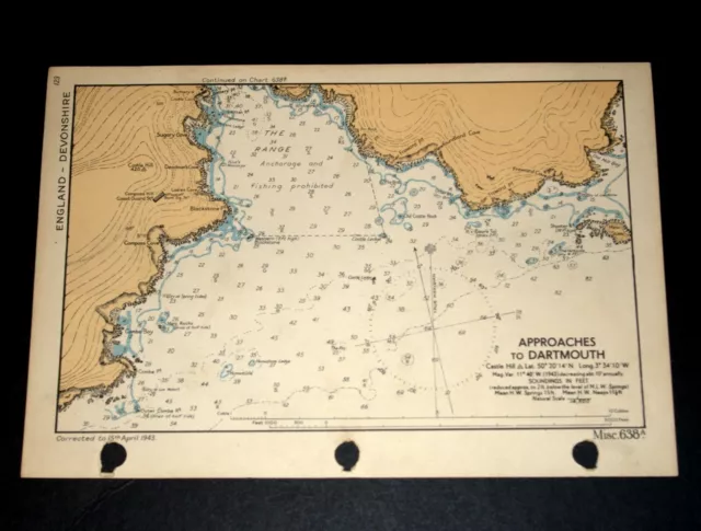 APPROACHES TO DARTMOUTH, Devon - Vintage WW2 Naval Military Map 1943