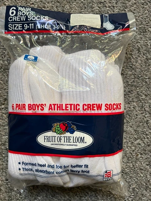 6 Vintage Fruit of The Loom Women OR boys Crew Socks Cushioned USA Size 3-9 1/2