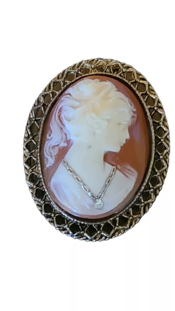 Vintage Cameo With Rhinestone Pendant Brooch Pin 2"