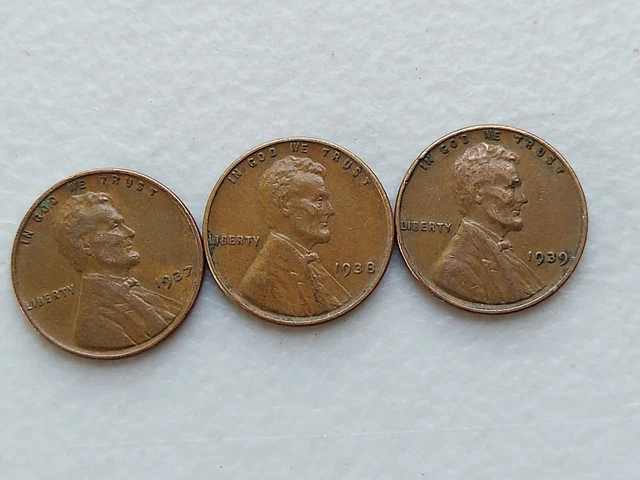 1937-1938-1939 Lincoln Wheat Cent Penny Lot Of 3 Coins