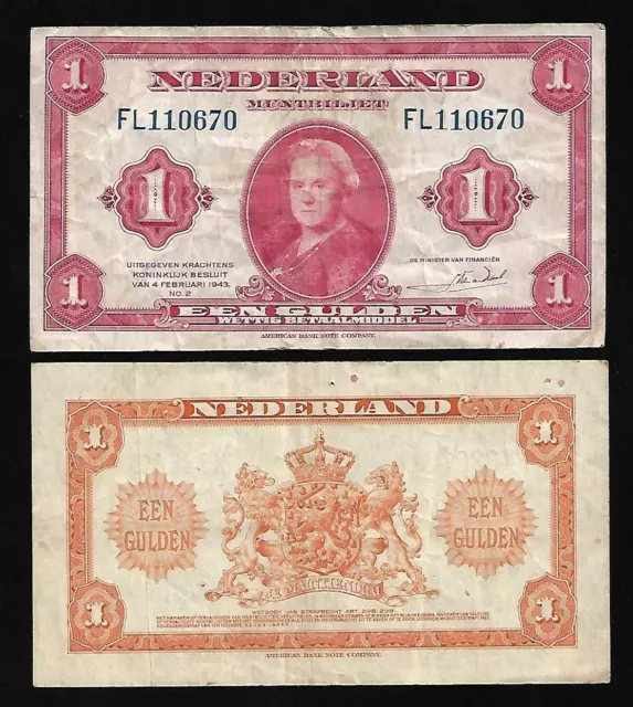 Netherlands Paper Money - Old 1 Gulden Note - 1943 -  P64 - Circ.