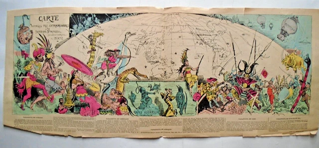 ALBERT ROBIDA CARTE des voyages extraordinaires Saturnin Farandoul 70x