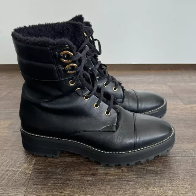 Stuart Weitzman Black Leather Lexy Combat Boots with Faux Fur Lining, Size 8