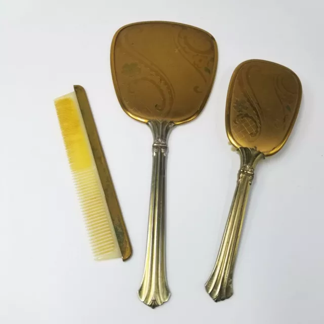 Vintage Matson Vanity Dresser Hand Mirror Ornate Gold Swirls Flowers Comb Brush 3