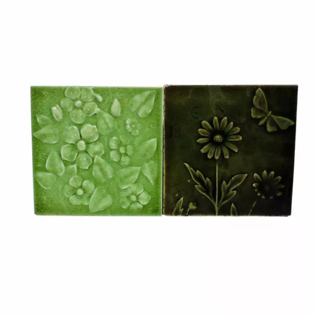 Majolica Art Tiles Lot of 2 - Flowers Butterfly 6” by 6” Late 1800’s Antique