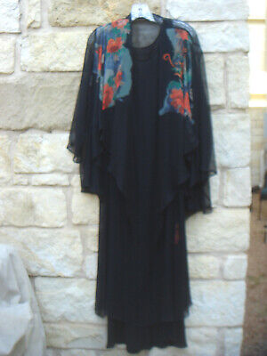 HARARI 3-Pc Artsy 100% Silk Sheer Dress/Slip/Open Jacket Black/Orange Floral M