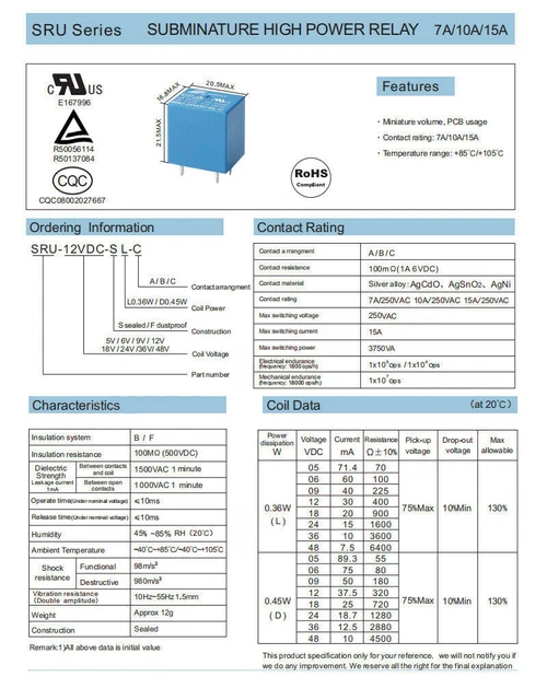 Songle Relay SRU-05V 12V 24VD-SL-C 4-pin and 5-pin 10A Relay