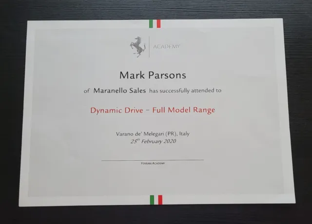 Ferrari marenello sales certificate scarce for Mark Parsons for Dynamic Drive