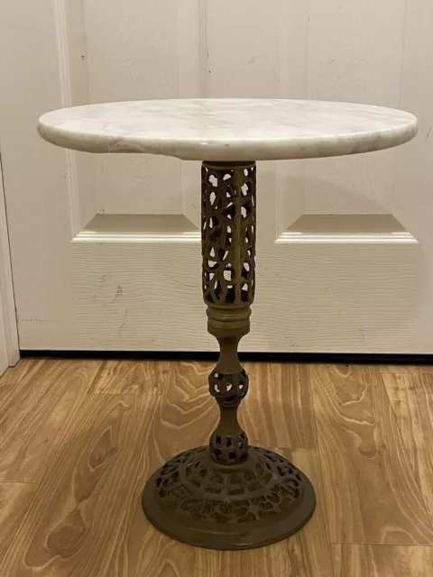 BEAUTIFUL Vintage Marble Brass Plant Stand Pedestal Table 17”