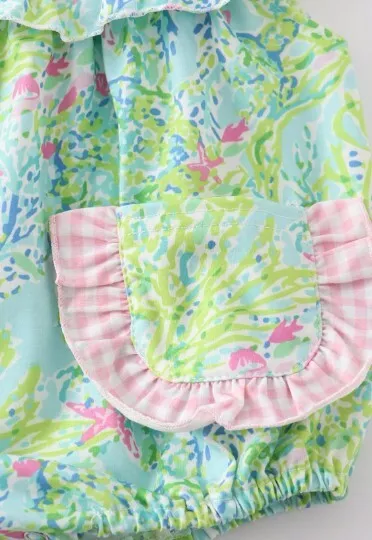 Baby Girl Sea Turtle Bubble Romper, Ruffle Trim, Embroidered Summer Romper 3