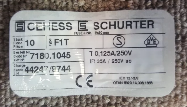 20 Fusible - CEHESS SCHURTER 0.125A/250Volts - Tube Glass - 5 x 20mm DESTOCKAGE 2