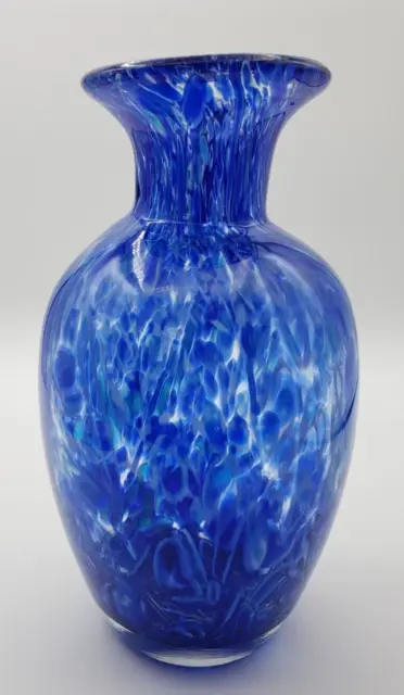 Vintage Pier 1 Cobalt Blue & Clear Art Glass Vase Murano Style Hand Blown 8.5"