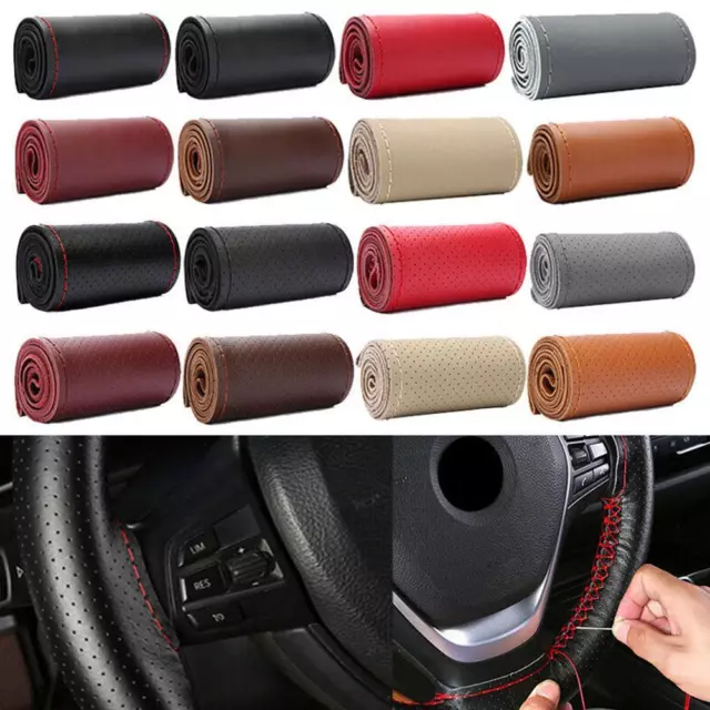 15inch Genuine Leather Car Steering Wheel Cover DIY Stitch On Wrap for Auto
