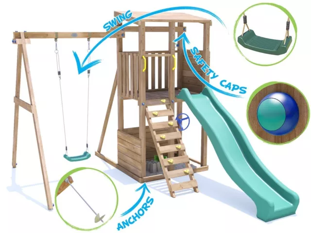 Wooden Climbing Frame Swing Set Green Slide Childrens Outdoor Play SquirrelFort 3