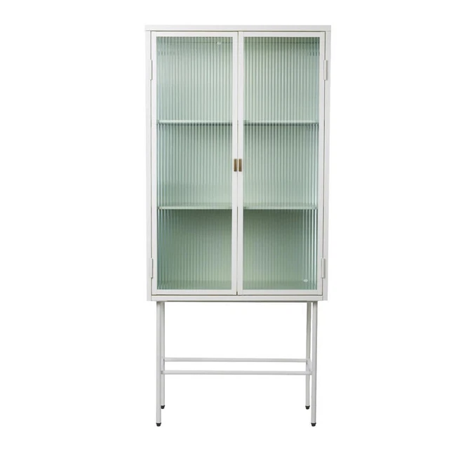 Tall Freestanding Display Cupboard Stylish Fluted Glass Storage Cabinet