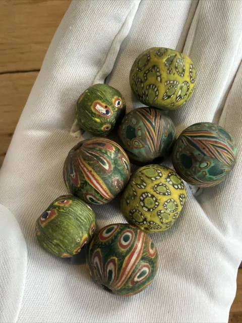 Set Of 8 Antique Phoenician Glass Trade Beads, Historical Jewellery, Roman Glass