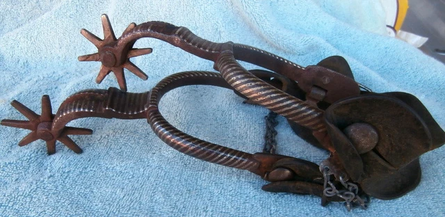 Old Antique Iron Double Mounted Silver Stripe Mexican Spurs/Straps Old Antique Iron Double Mounted Silver Stripe Mexican Spurs/Straps