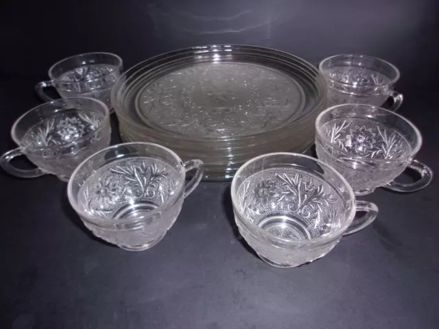 Set of 6 Anchor Hocking Glass Clear Sandwich Snack Luncheon Plate & Cup Sets