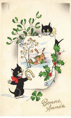 Gatti #FG35183 Cat Nero Buona Anno Decorazione Da Noel Mulino E Quadrifoglio