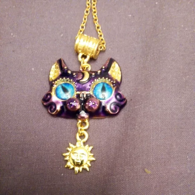 Mystic Purple Enamel Cat Pendant With Drop Sun  Droplet And Blue Eyes