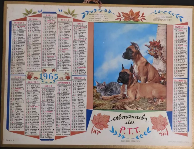 Almanach des PTT 1965 Chiens Boxer et 1 Chat