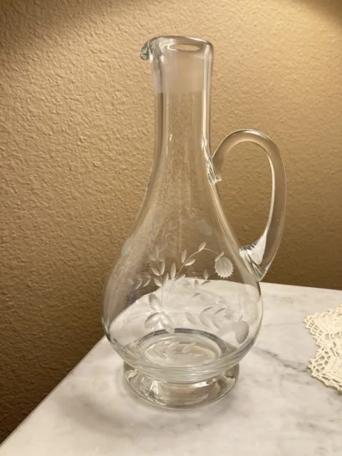 Clear Glass Etched Narrow Neck Pitcher Carafe With Handle (No Stopper) 9.75”Tall