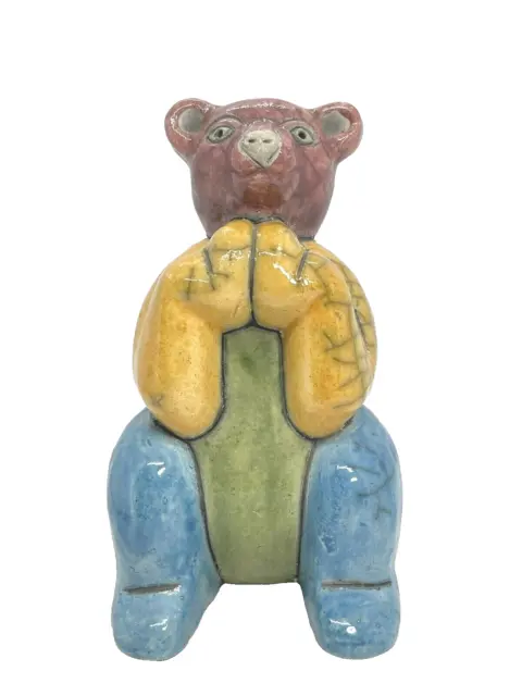 South African Raku Color Block Art Pottery Sitting Bear Signed Figurine 6"