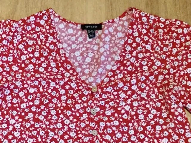 NEW LOOK Womens Top Red Floral Short Sleeve Button Up Size 10