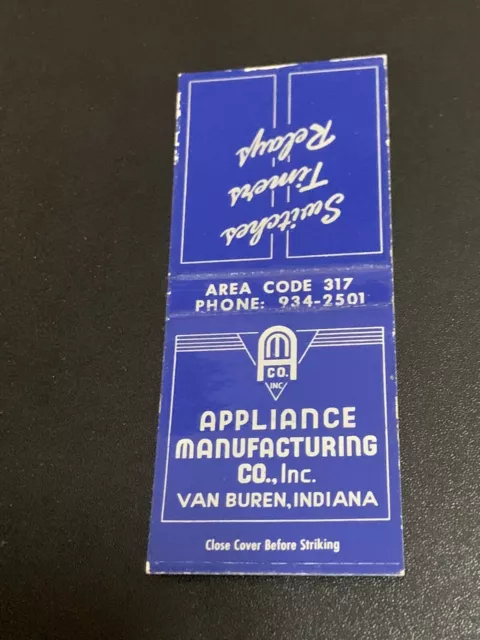 Vintage Indiana Bobtail Matchbook: “Appliance Manufacture Co” Van Buren, IN